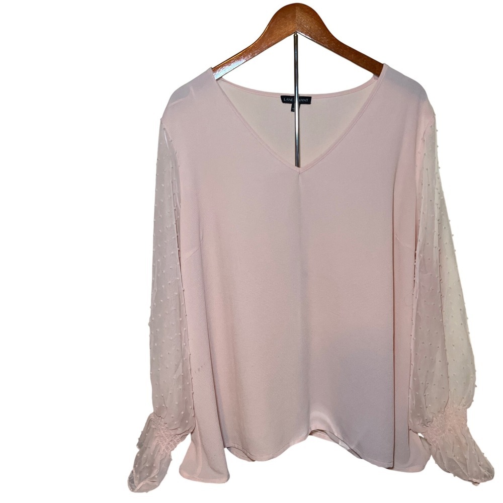 Lane Bryant Blouse Women's 24 Blush Pink Swiss Dot Sheer  Sleeve V-Neck Top